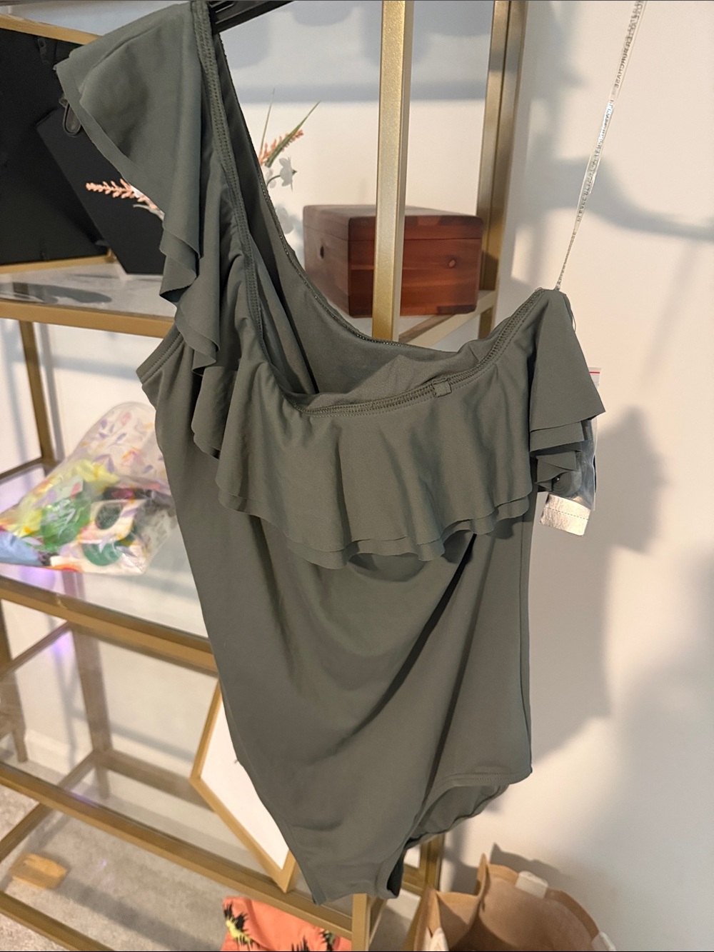 Carmen Marc Valvo Olive Green One-Shoulder Ruffle One-Piece Swimsuit